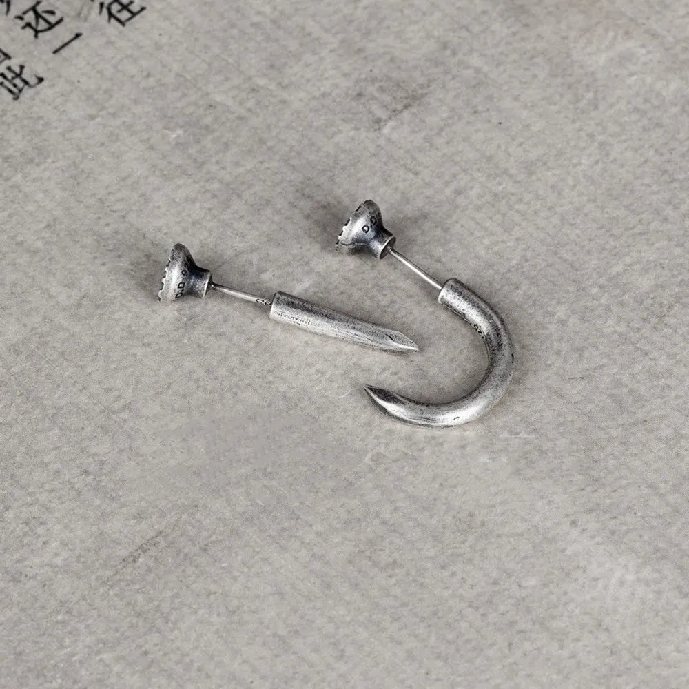 S925 sterling silver punk nail stud earring in straight or curved single design.