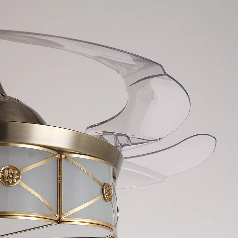 Gold 42-inch ceiling fan light with invisible blades and remote control on a white background