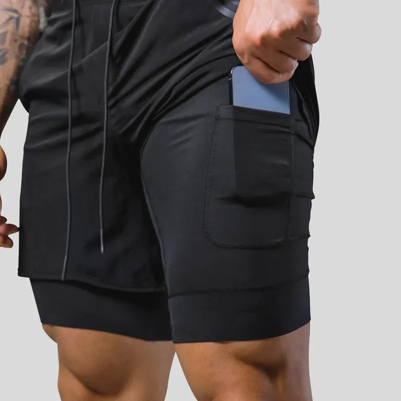 Men's double layer running shorts in light slate green with polyester lining, Asian sizes M-XXXL