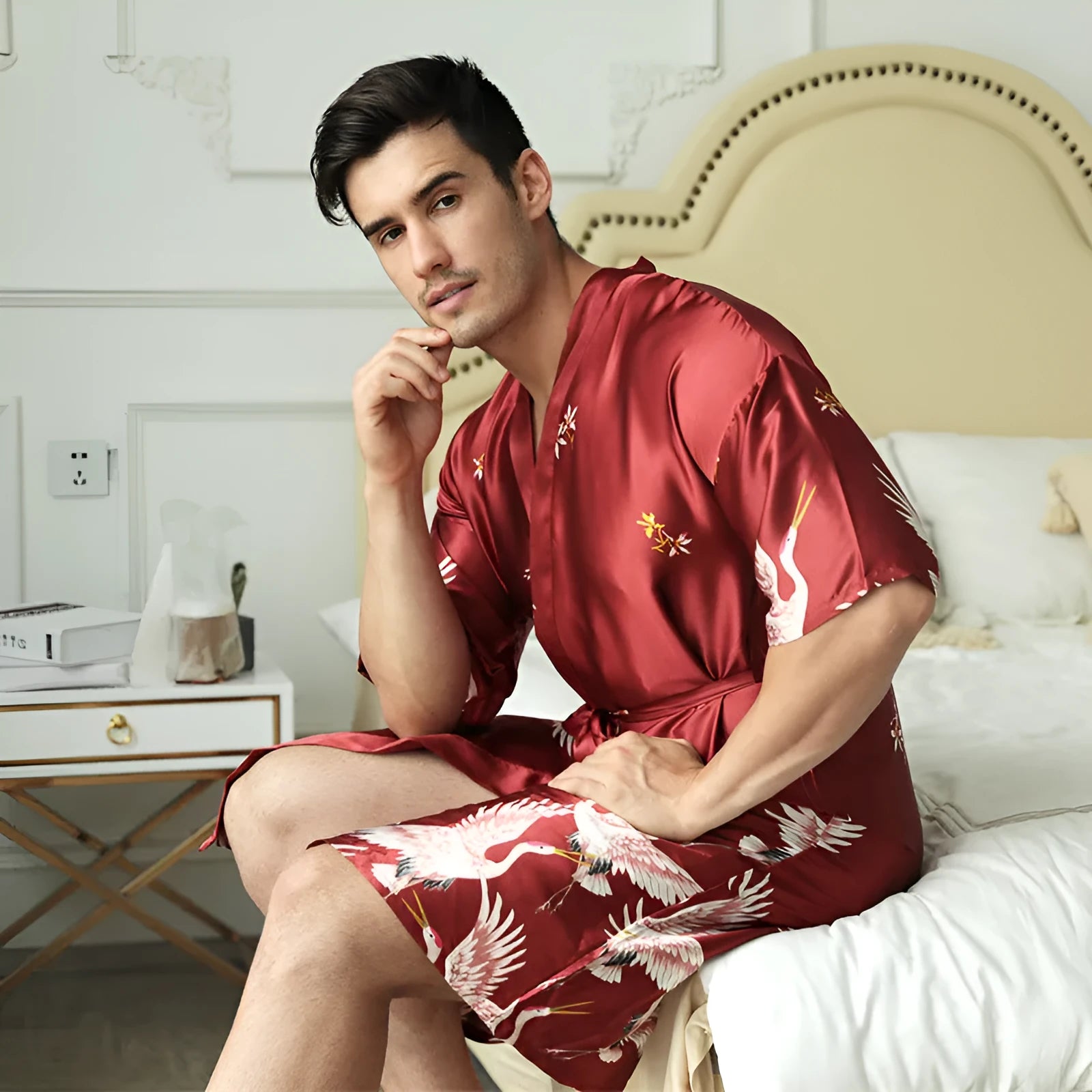 Men's mid-length artificial silk nightgown in cardigan style, black, front view