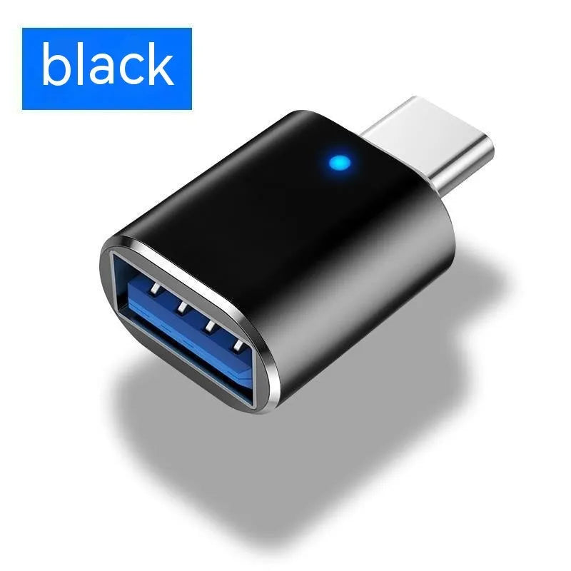 USB 3.0 to Type-C OTG adapter with indicator light in black, silver, and gold