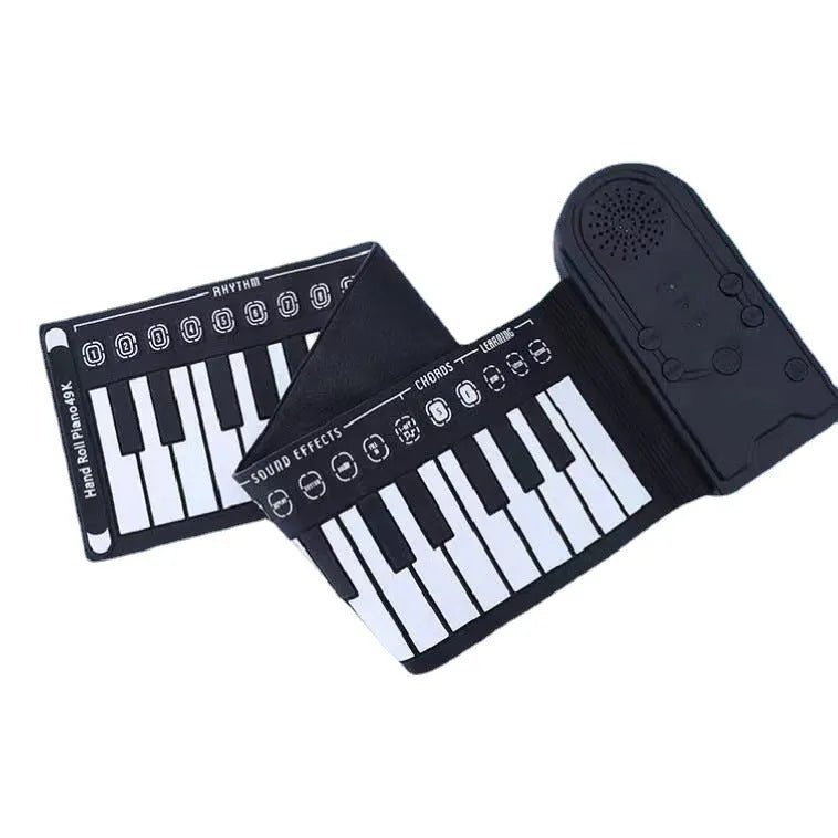 Pearlescent white folding electronic keyboard with 49 silicone keys, shown rolled and unrolled.