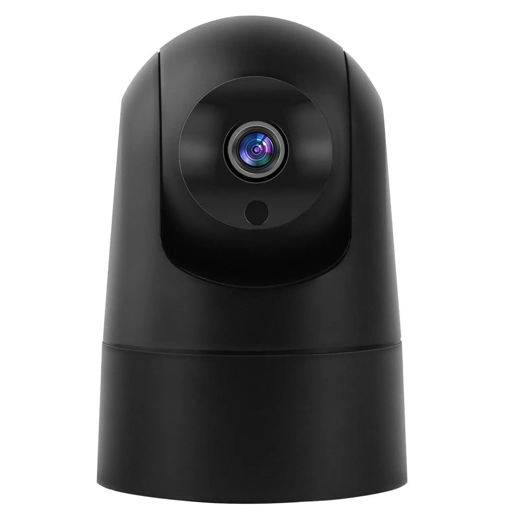 White indoor security camera with wide-angle lens on a table, showing power cable and mounting bracket.
