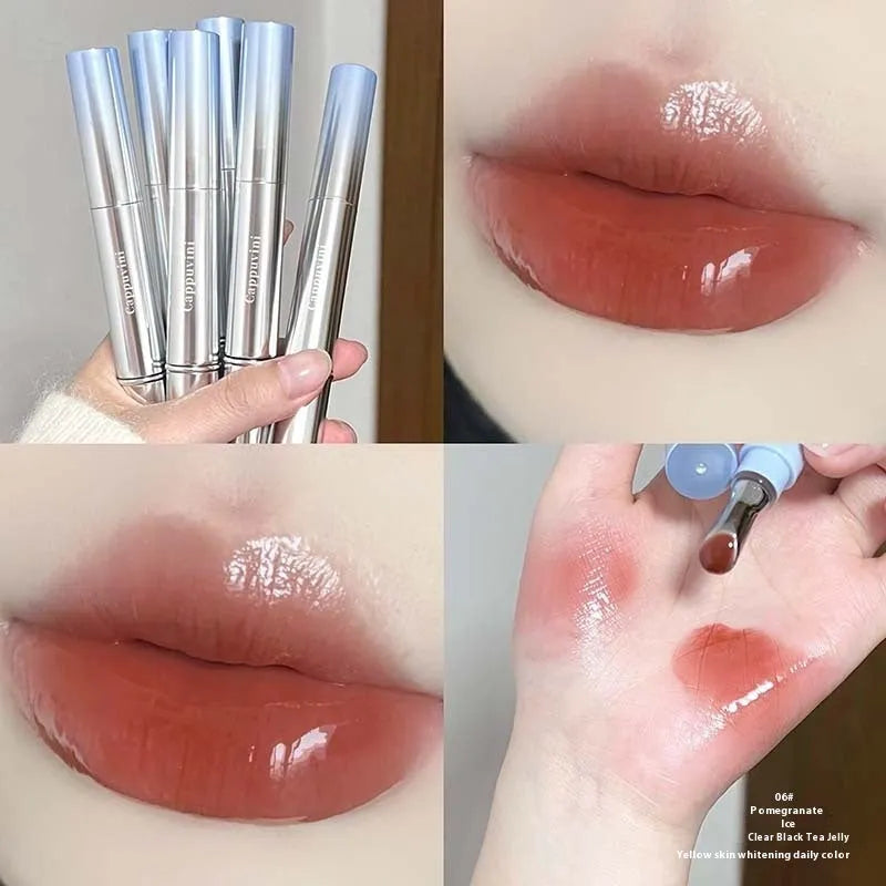 Mirror Water Light lipstick in six translucent ice shades on a white background.