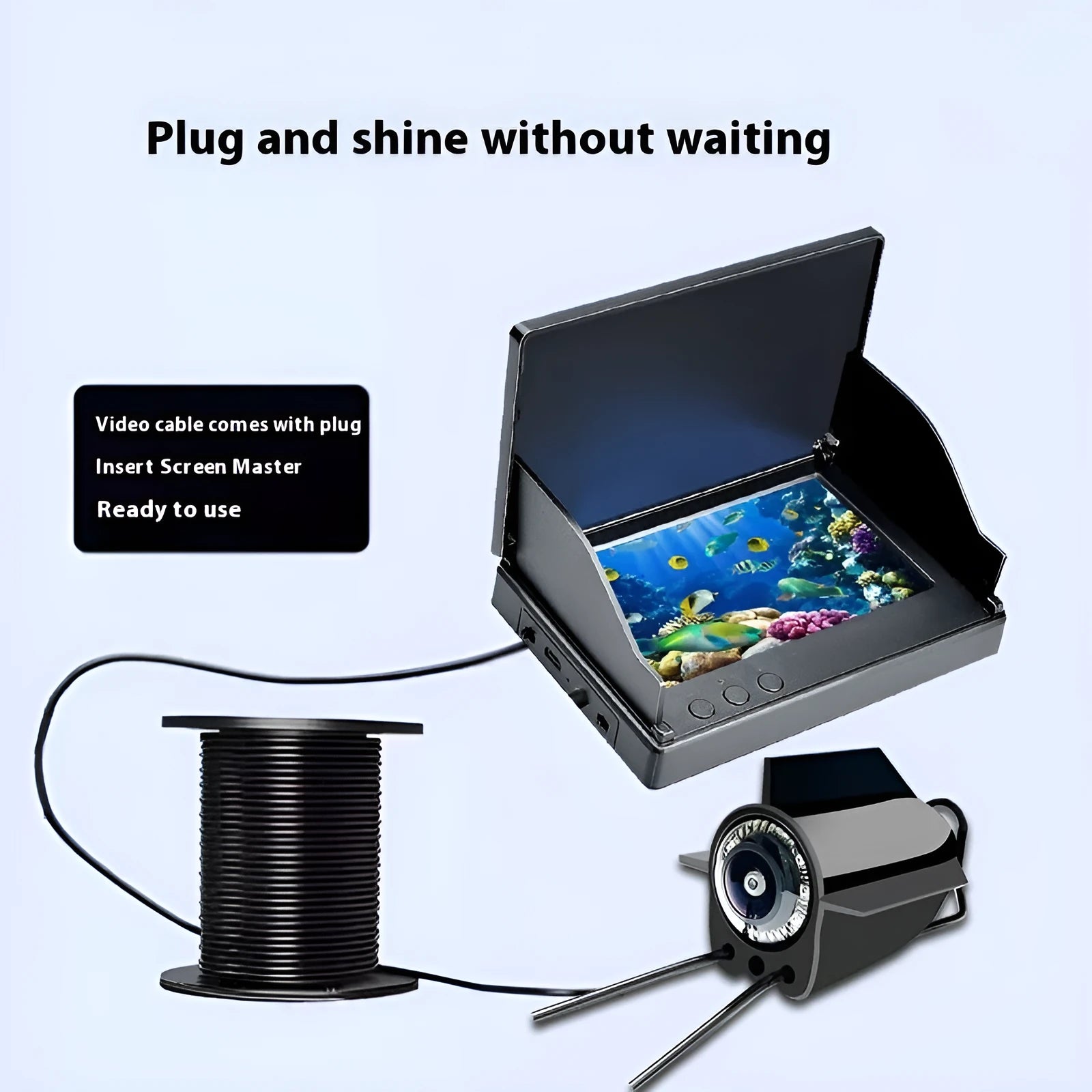 HD underwater fishing camera with screen, temperature sensor, and night vision lights on a cable.