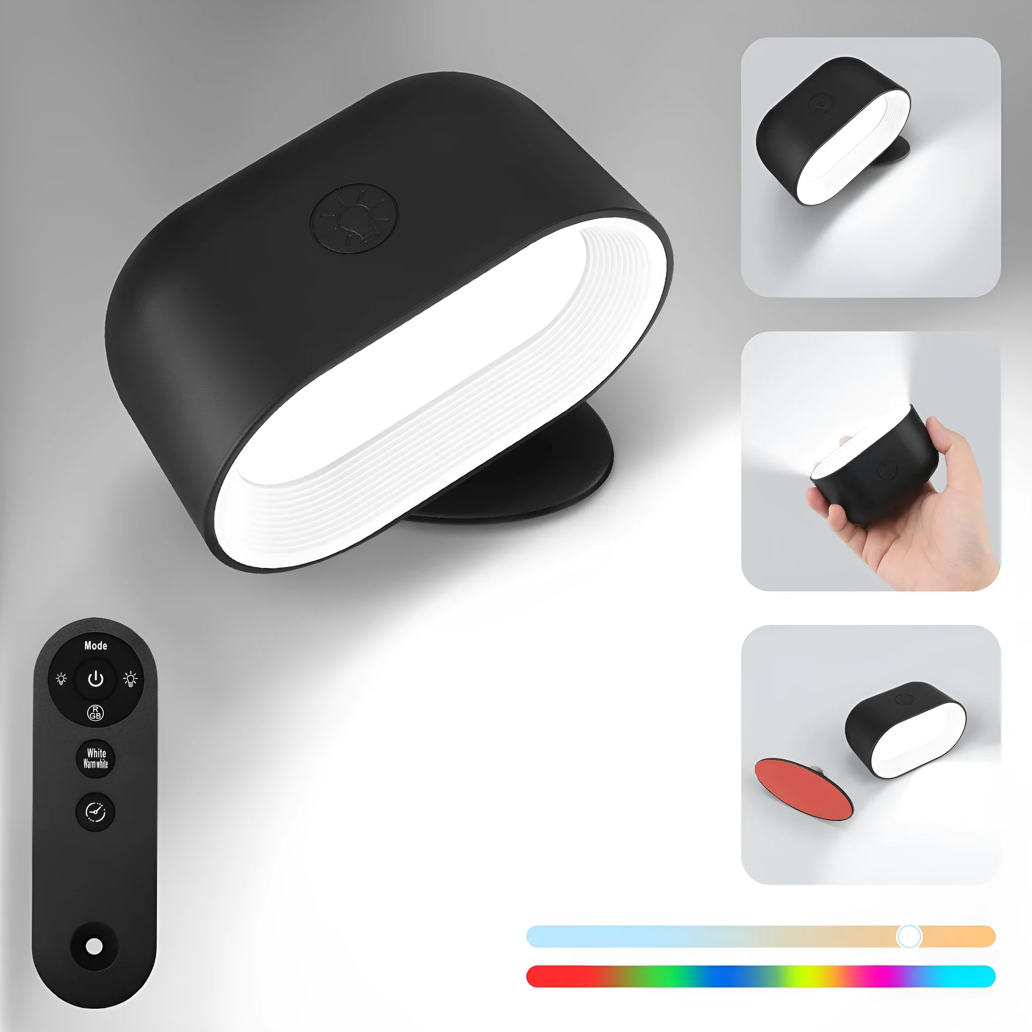 White plastic remote control magnetic wall lamp with colour-changing LED lights on a wall.