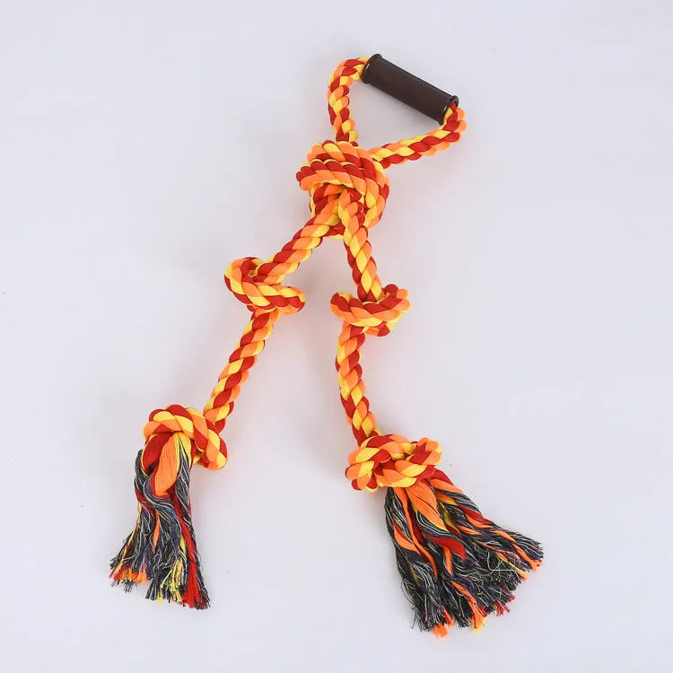 Blue and yellow durable cotton dog rope tug toy with a non-slip handle for large breeds.