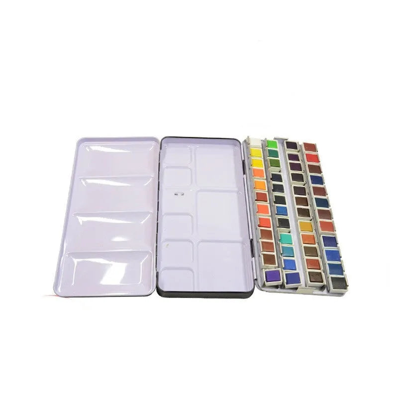 Square tinplate metal paint box for solid watercolours with folding compartment design.