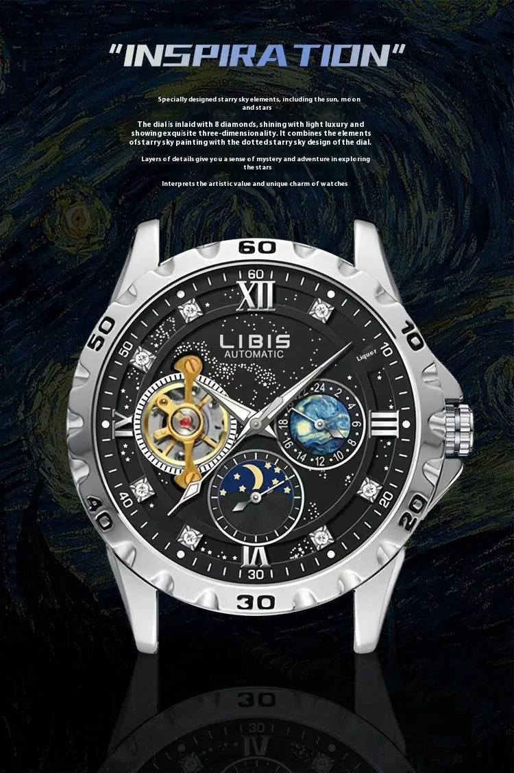 Silver case men's automatic watch with black dial, luminous hands, and brown leather strap.