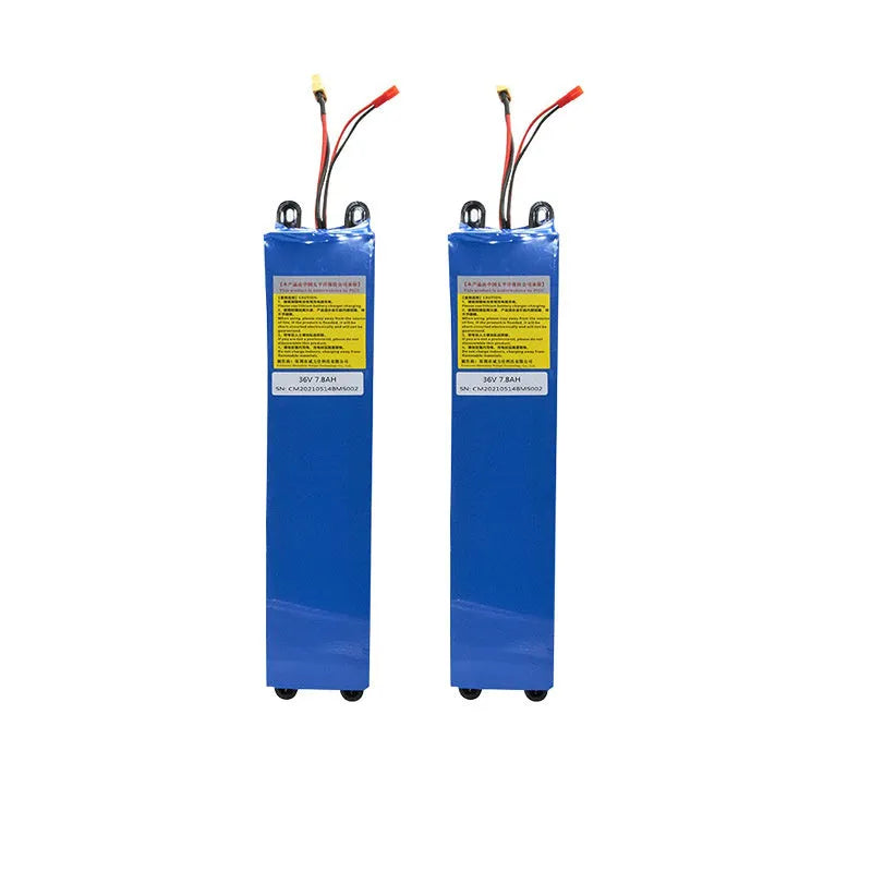 A 36V lithium battery pack for an electric scooter, showing capacity options of 6.6Ah, 7.8Ah, and 10.4Ah.