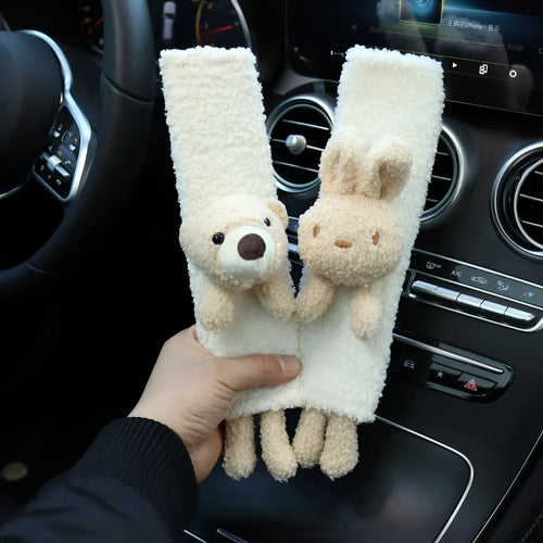 Cartoon plush car seat belt shoulder protector with rabbit and bear designs in lamb wool material