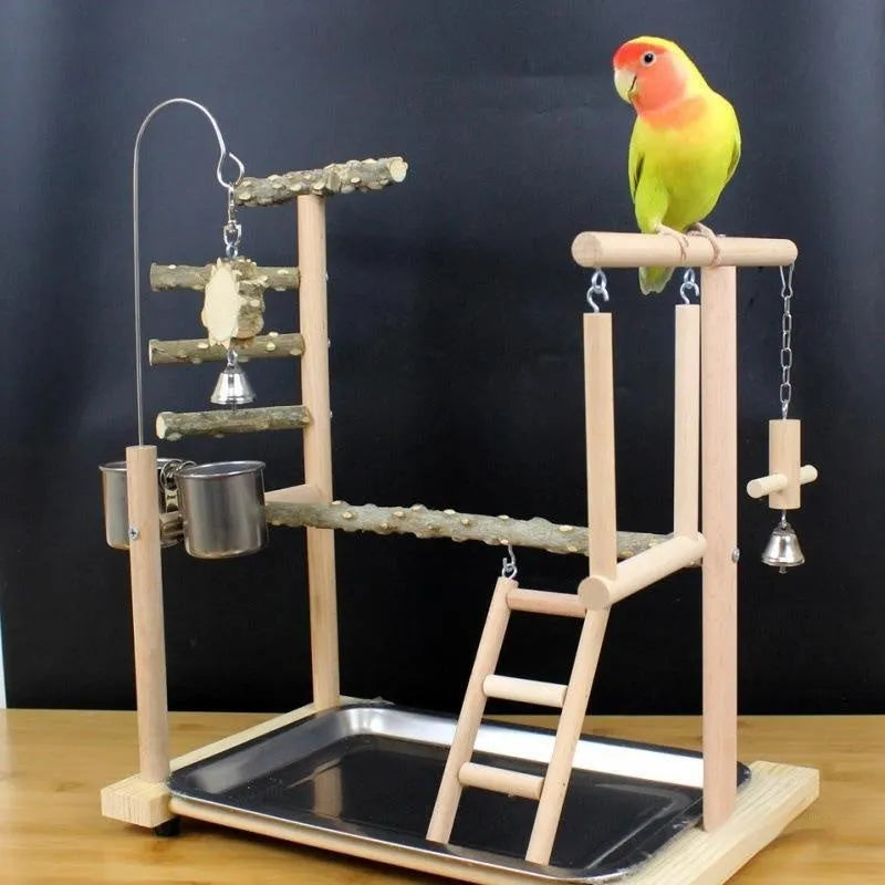 Pepper wood parrot play stand with integrated tiger skin peony toy and multi-level platforms.