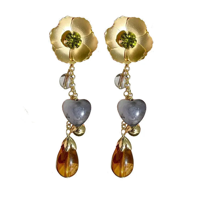 Gold diamond flower love iron earrings heart floral pastoral style for women