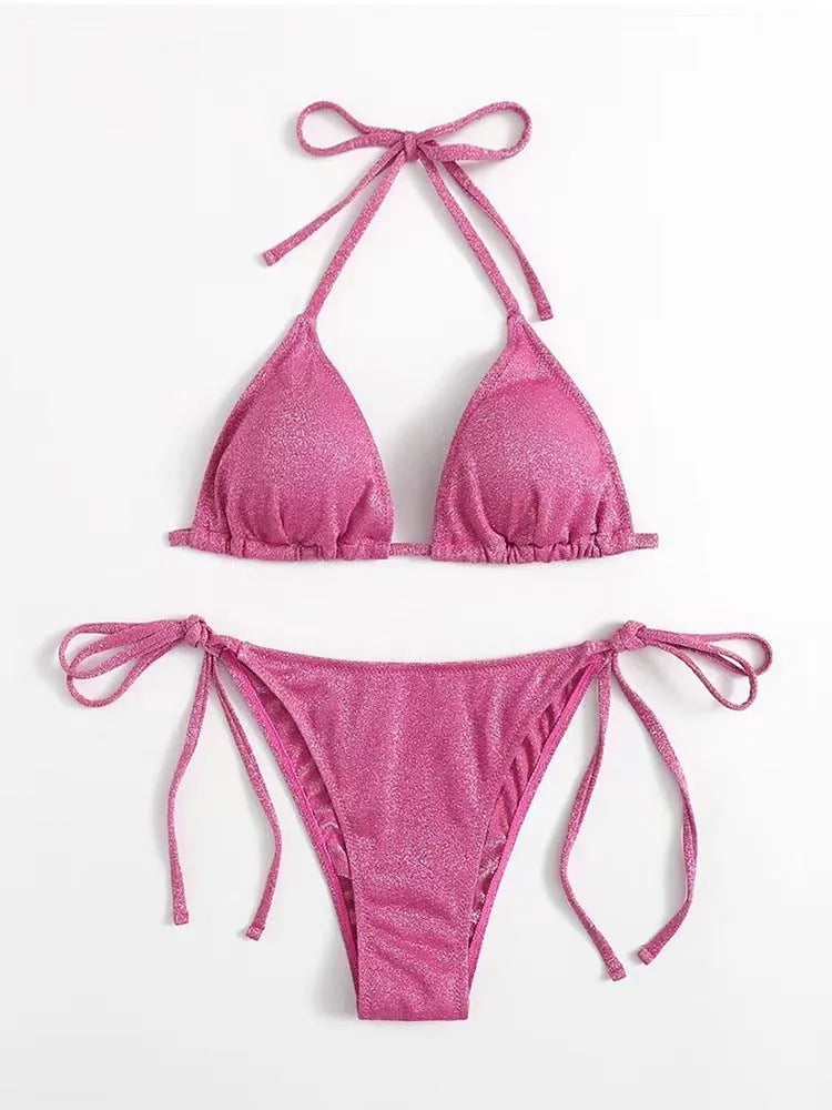 Women's two-piece bandage bikini swimsuit in polyester, shown in one of six colour options.