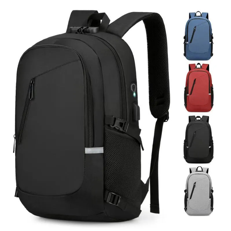 Oxford cloth computer backpack in blue, shown with street style design and laptop compartment.