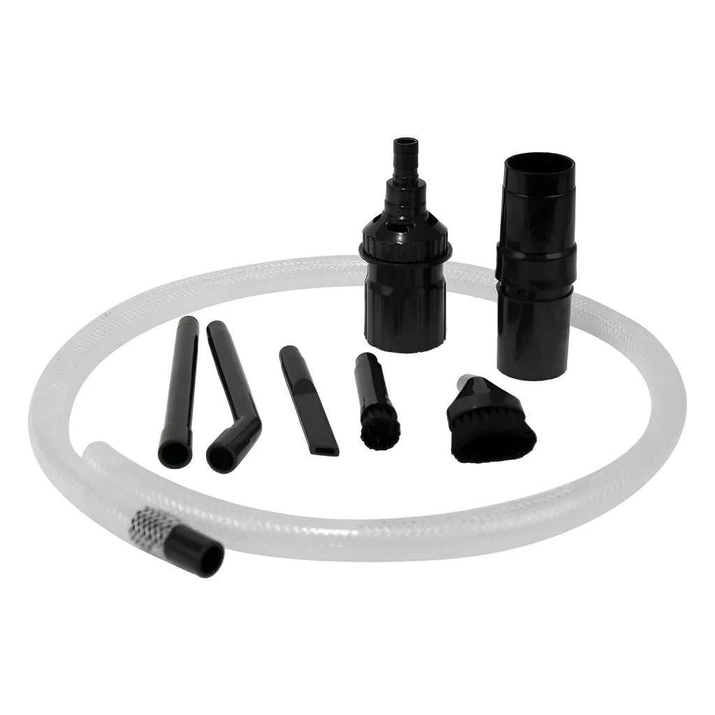 Eight small vacuum cleaner suction head accessories laid out, part of a multifunctional tool set for portable cleaners.
