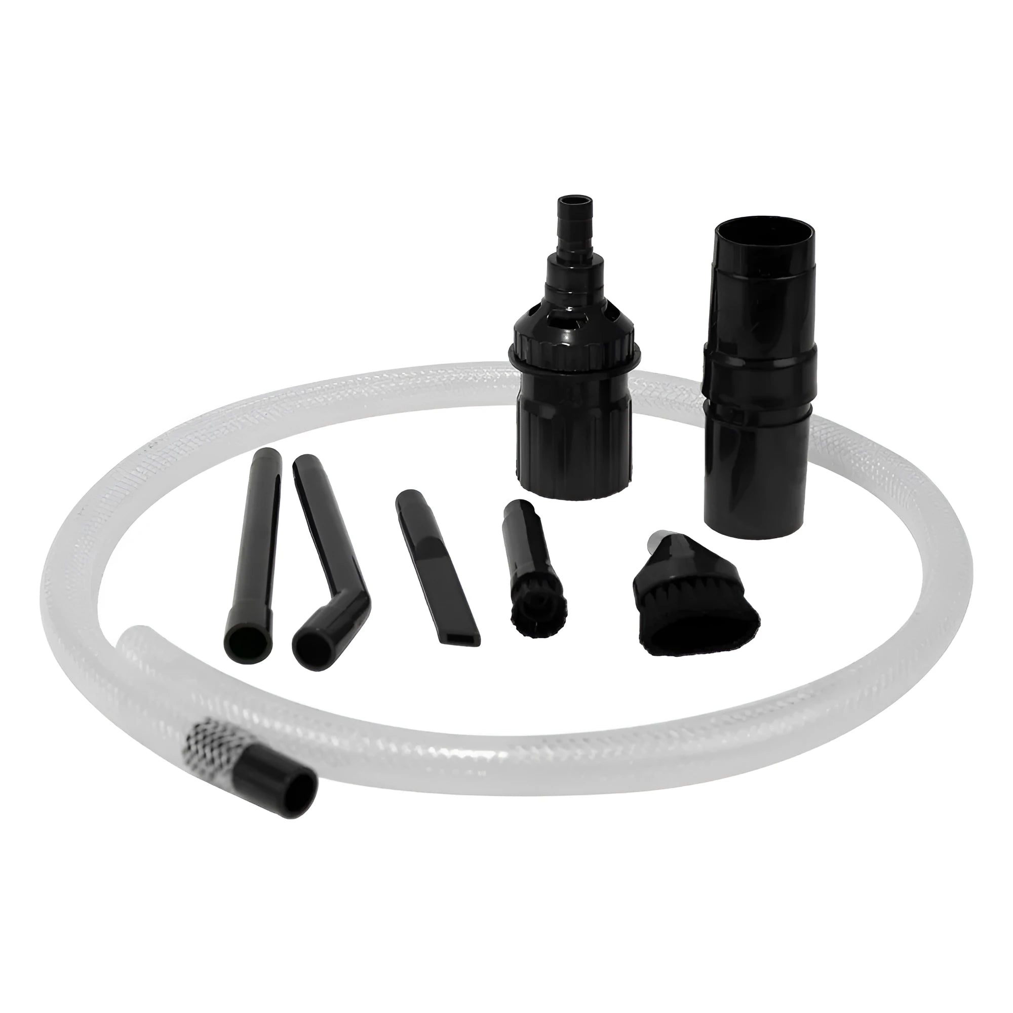 Eight small vacuum cleaner suction head accessories laid out, part of a multifunctional tool set for portable cleaners.