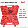 Nine-piece pipe clamp pliers set with red handles and split straight throat jaws on white background