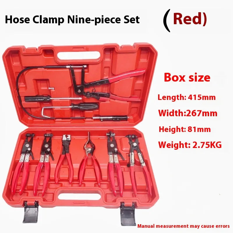 Nine-piece pipe clamp pliers set with red handles and split straight throat jaws on white background