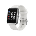 Square couple smart sports watch with coloured silicone strap and metal case on a wrist.