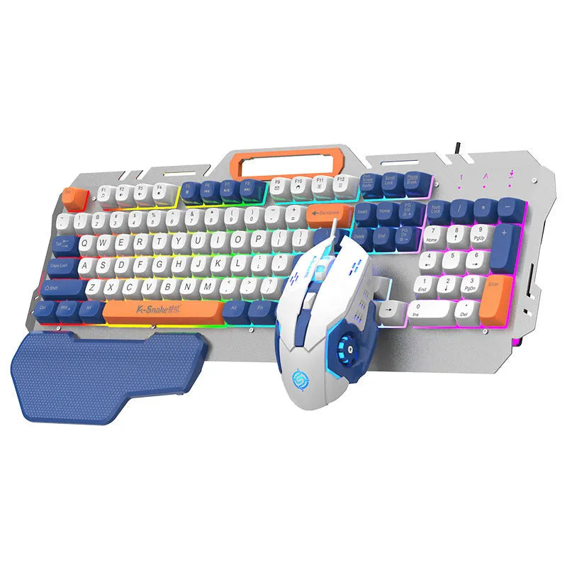 Blue wired gaming keyboard and mouse combo with RGB backlighting on desk