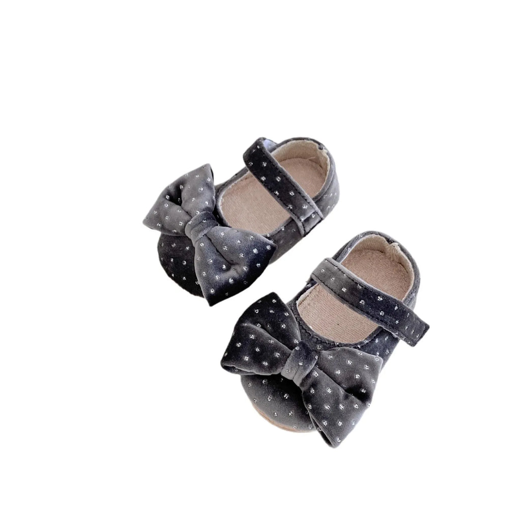 Baby girl toddler shoes with big bow, rubber sole, low top, sizes 11cm to 13cm, black magenta melange grey