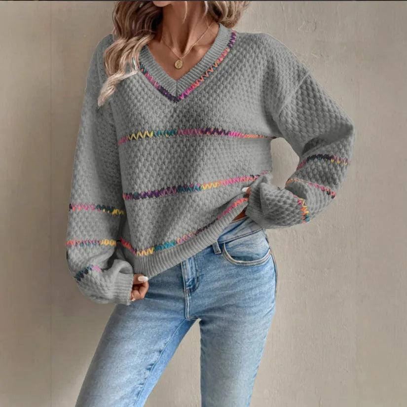 Women's contrast colour V-collar long sleeve loose pullover sweater in white black grey red sizes S-XL