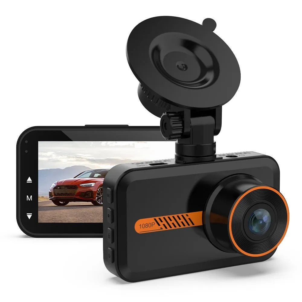 ThiEYE front and rear dash cam with 3-inch screen showing dual camera view and mounting accessories