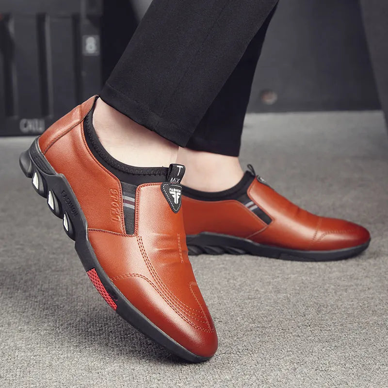 Men's black and brown PU business shoes with plain toe design and UK sizes 5-12