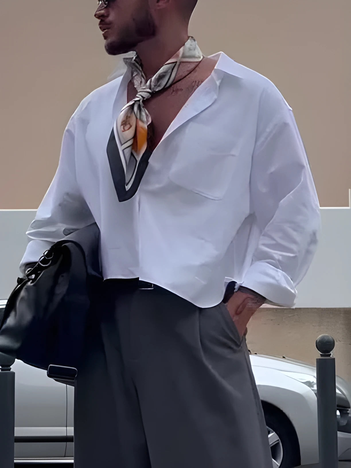 Men's white cropped casual short shirt made from polyester.