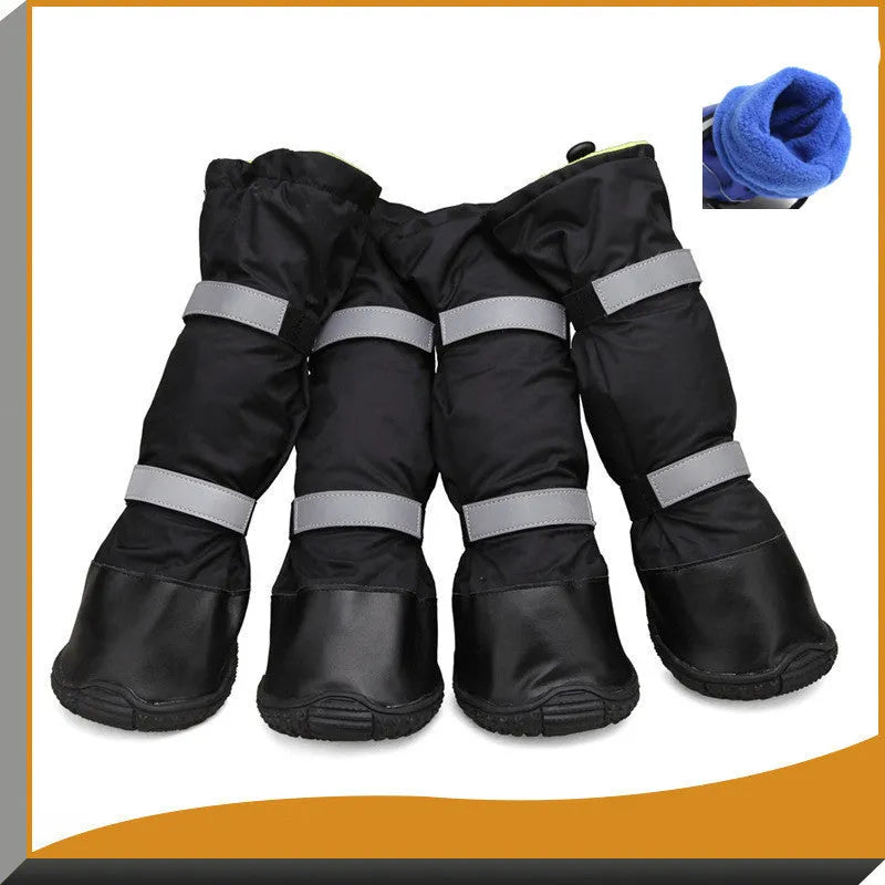 Waterproof dog rain boots with flannel lining and reflective straps, available in blue black red sizes XS to XXL