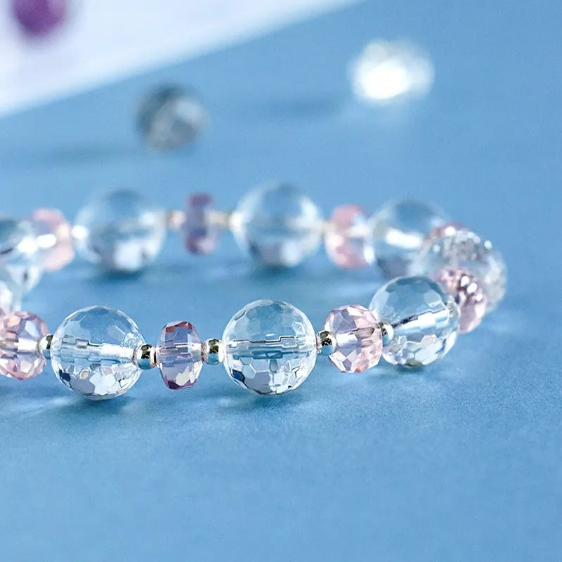 White crystal bracelet with Lucky Cat pendant, diamond shape beads, electroplated finish, Korean style women's jewellery