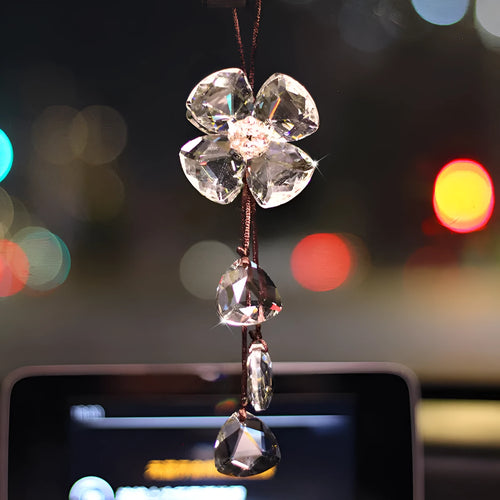 Crystal four leaf grass car pendant approximately 20cm in transparent, champagne, black or shiny finish
