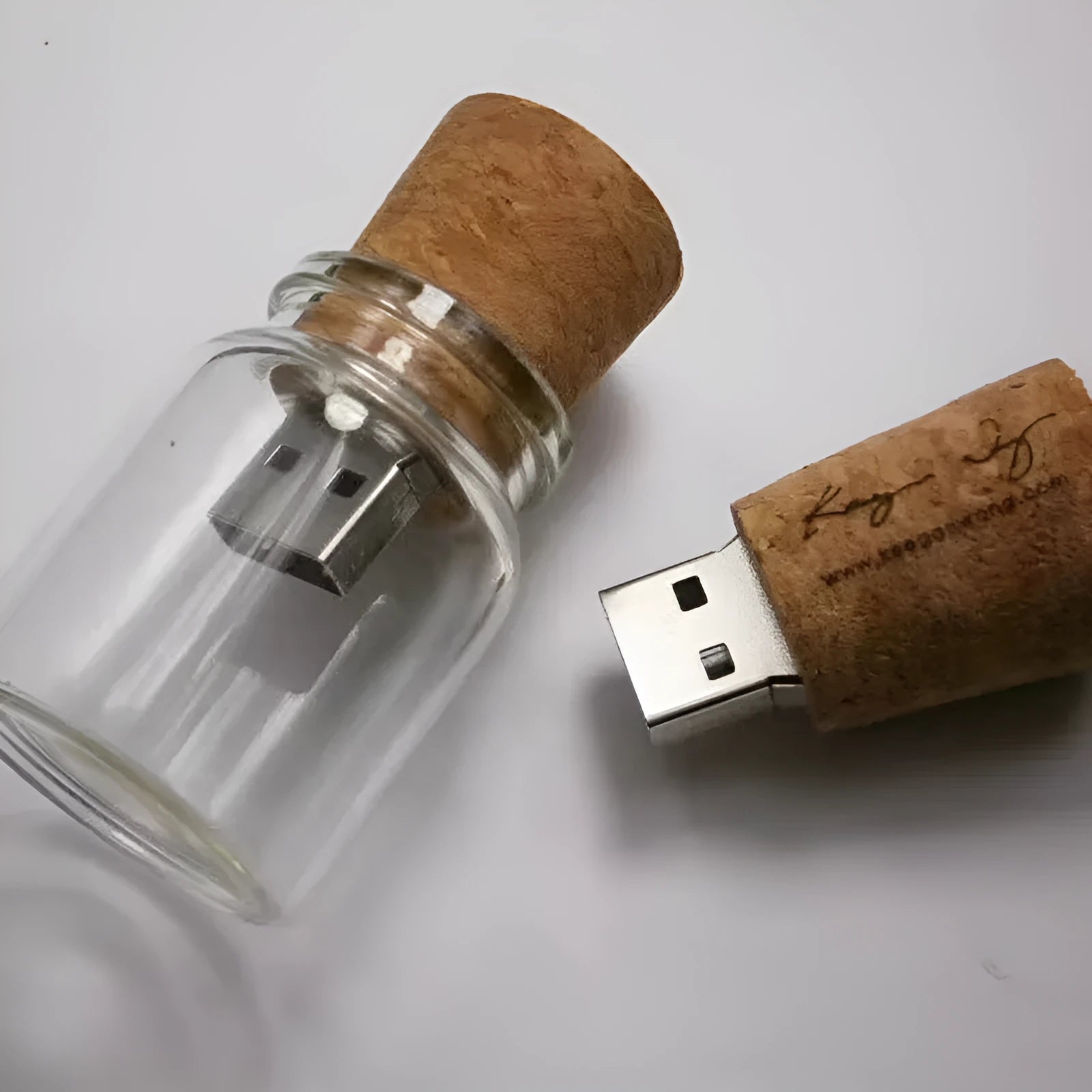 Wooden Wish Drift Bottle shaped USB flash drive with transparent casing and wooden detail, shown next to a scale for size.