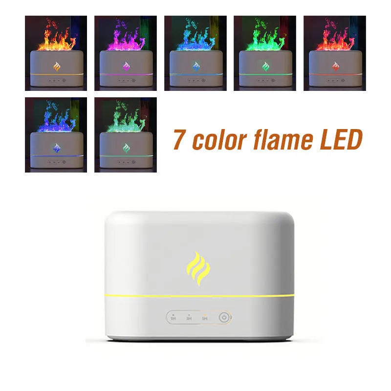 Black USB humidifier with seven-colour flame lighting effect on wooden surface