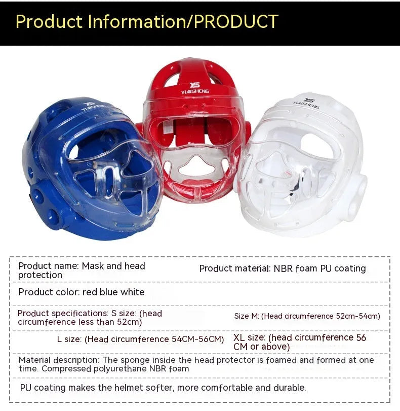 Karate helmet protective head equipment in white, blue, or red colours available in S, M, L, XL sizes