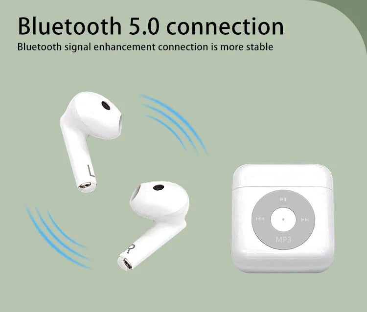 White wireless Bluetooth earphones and charging case on a table, showing semi-in-ear design.