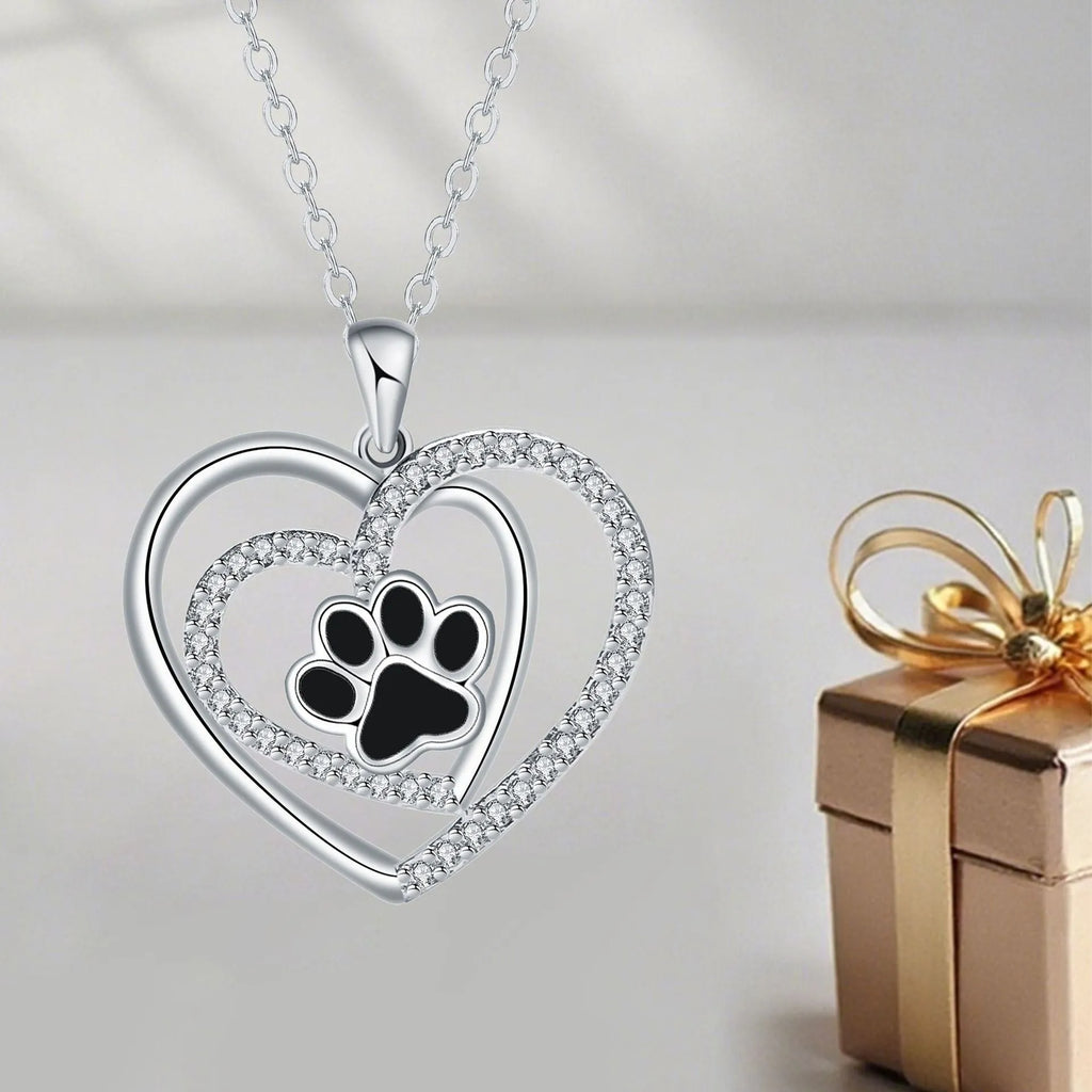 Women's dog paw print heart necklace with electroplated copper pendant and cross chain