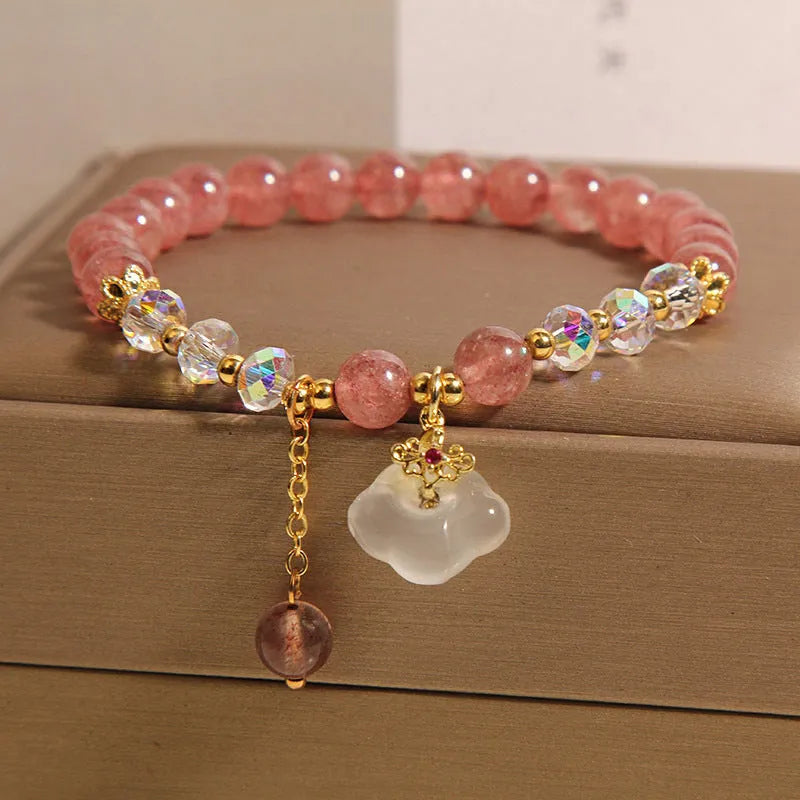 Women's natural strawberry quartz and white agate crystal bracelet with auspicious clouds detailing