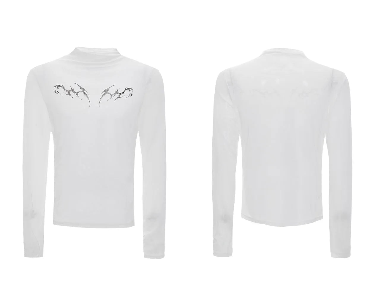 Black and white slim-fit long sleeve bottoming shirt made of niche mesh fabric.