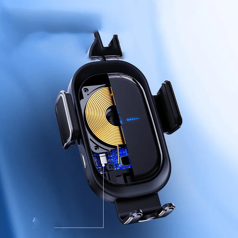 Black QI wireless car charger with suction cup holder and air outlet clip, 15W output, customisable luminous logo.