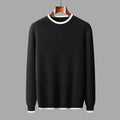 Men's round neck twisted design colour matching sweater in wool, casual loose fit, black colour
