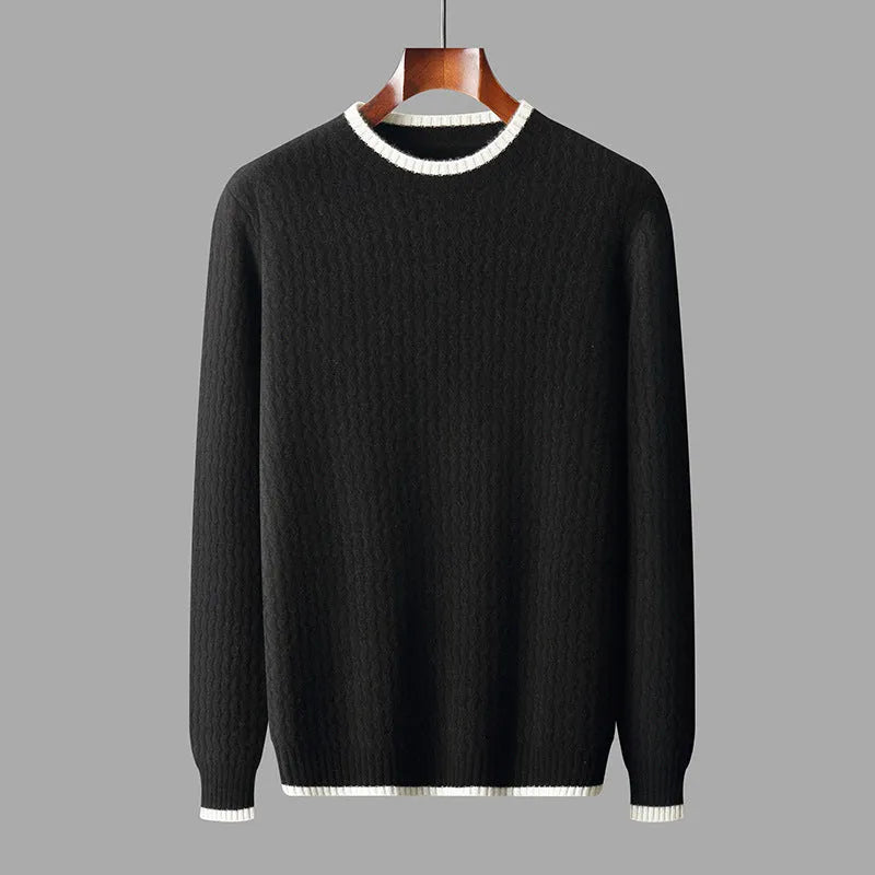 Men's round neck twisted design colour matching sweater in wool, casual loose fit, black colour