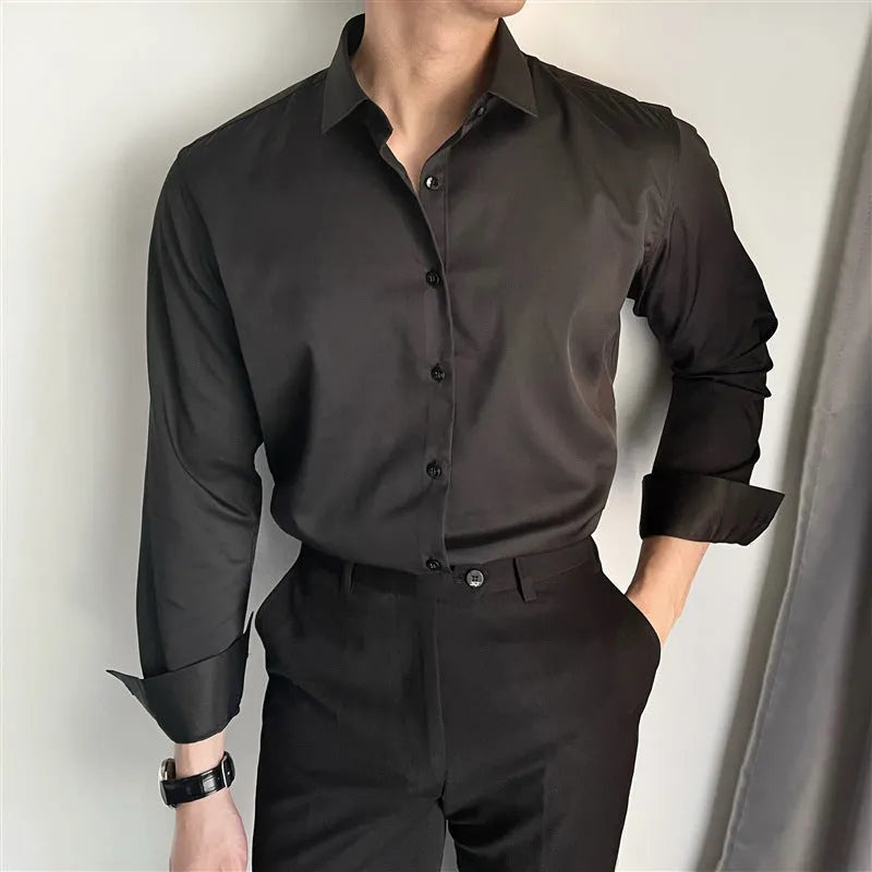 Men's Korean slim fit leisure shirt in chemical fibre blend fabric available in white, black and dark grey