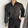 Men's Korean slim fit leisure shirt in chemical fibre blend fabric available in white, black and dark grey