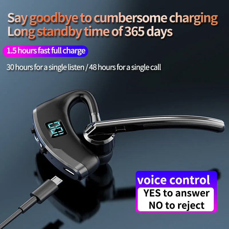 V8S Black single-ear wireless Bluetooth headset with digital power display and voice control for driving