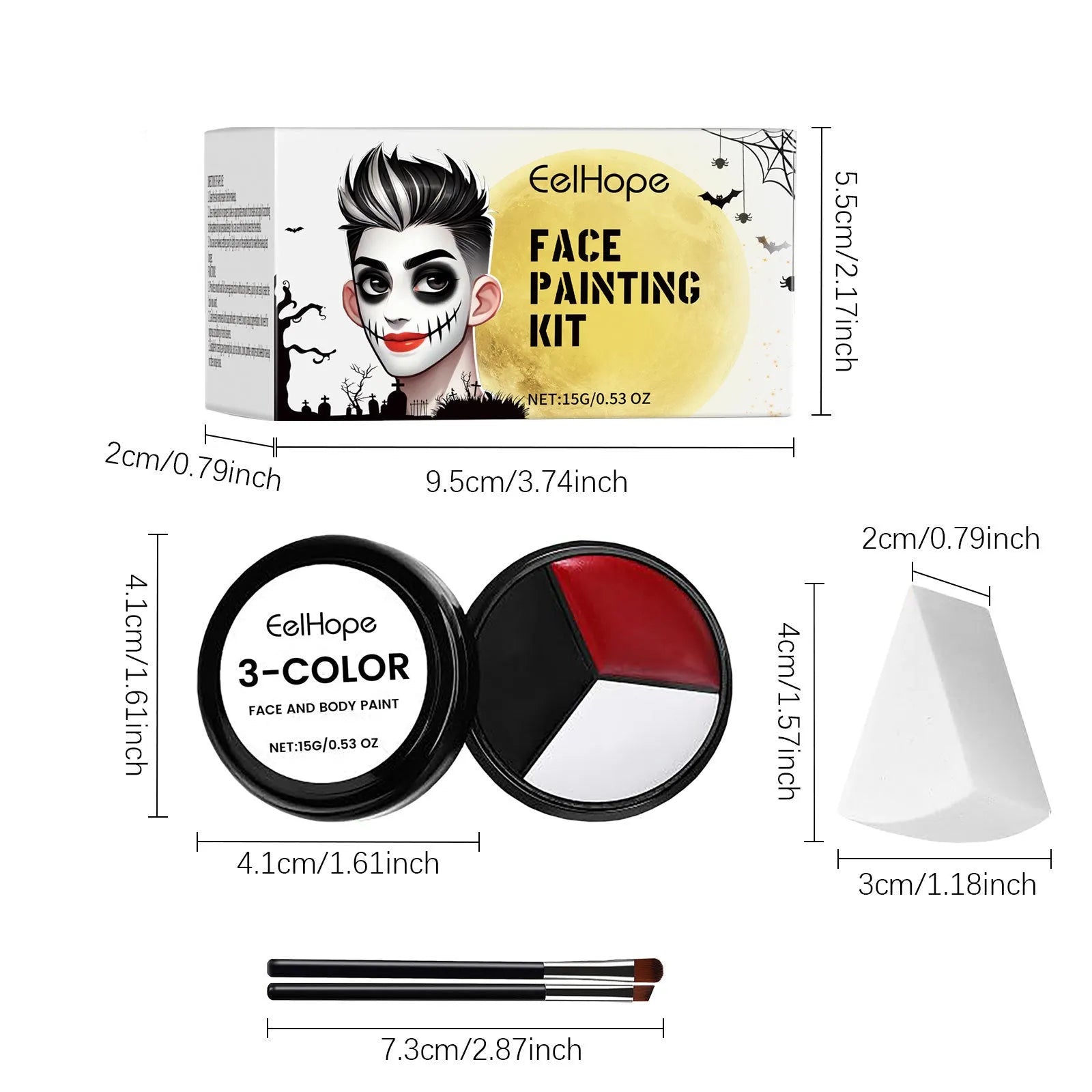 Halloween face painting kit with three colour concealer disc, two brushes, and one sponge on a flat surface