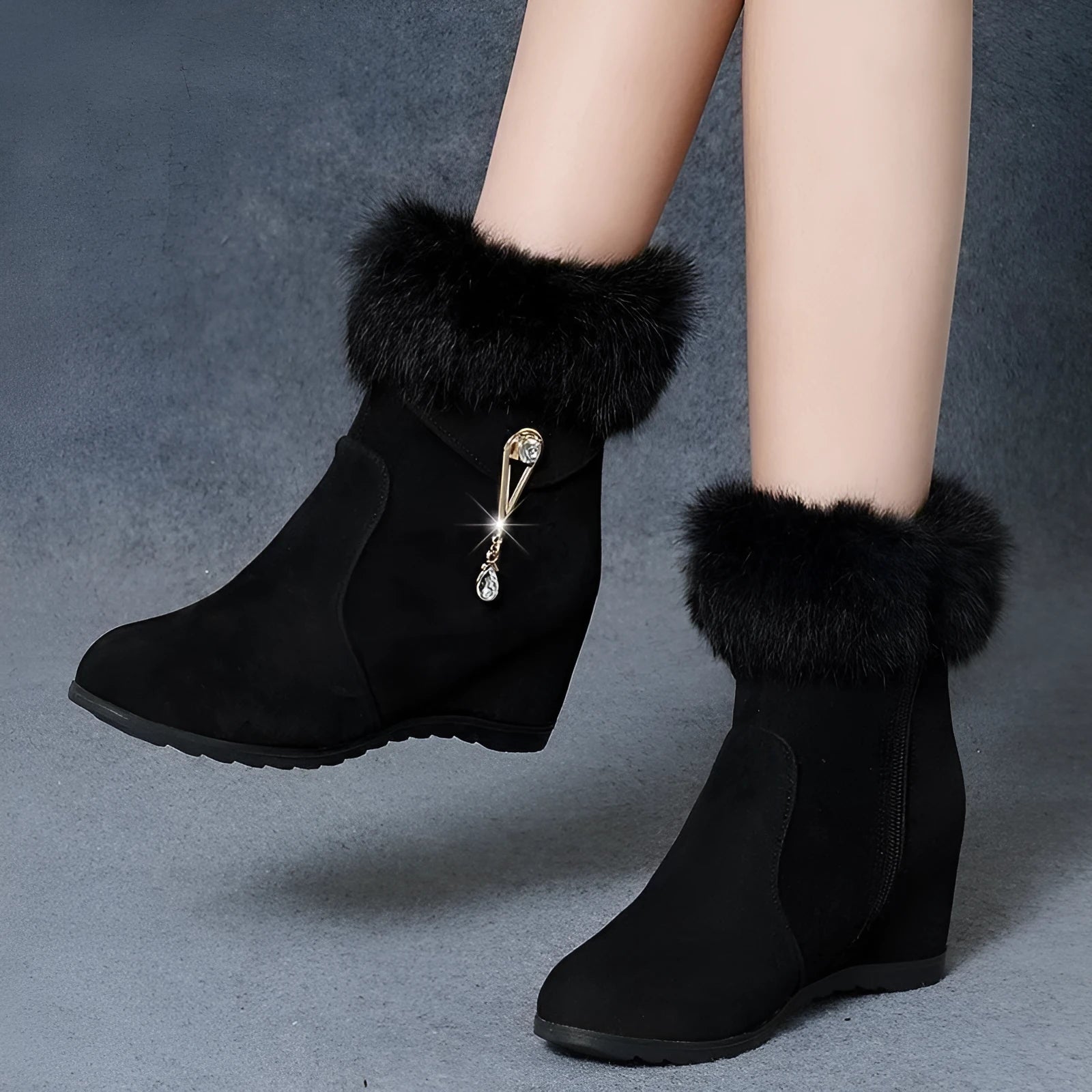 Women's black height increasing insole snow boots with fur upper, casual winter style, available in sizes 35 to 40