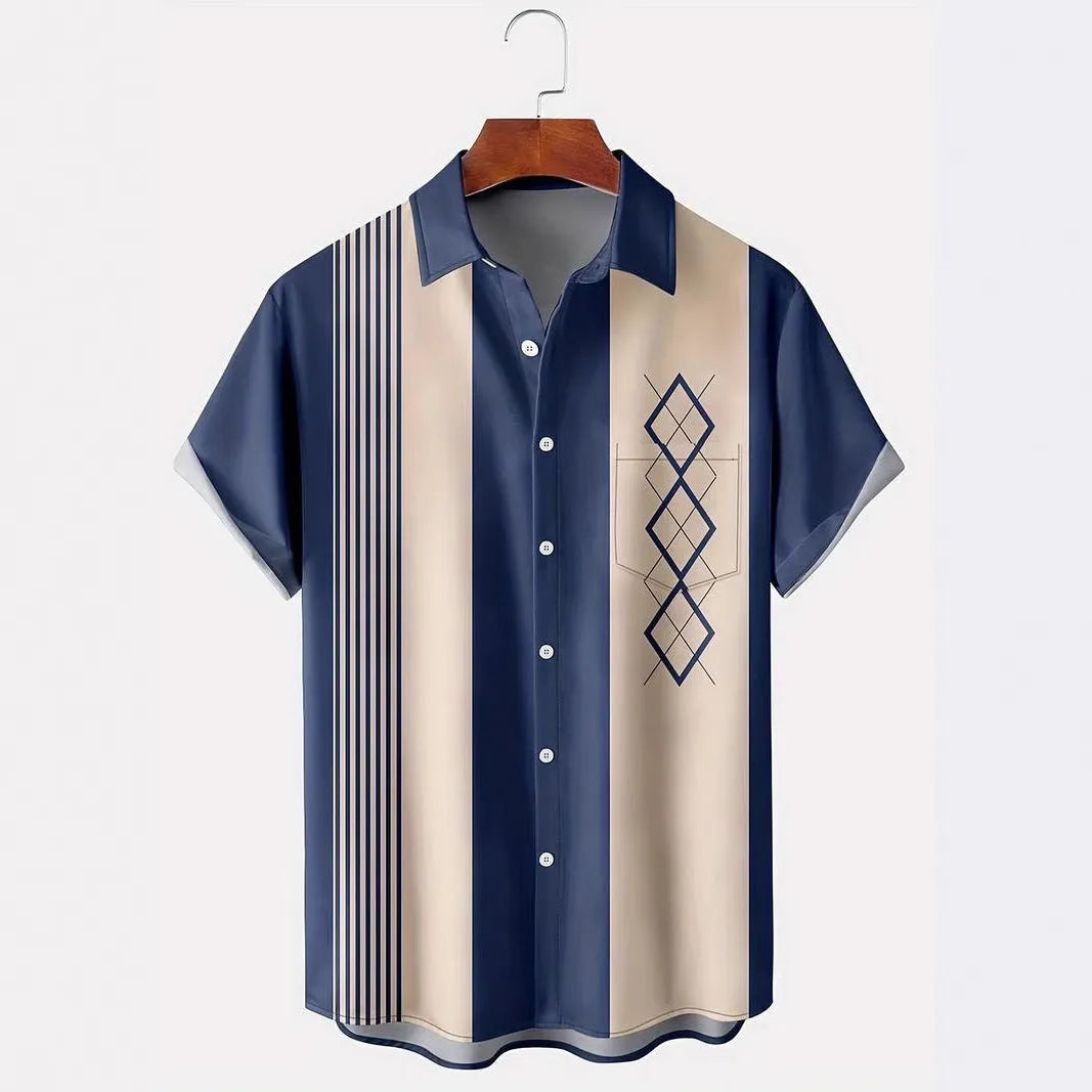 Men's loose fit short sleeve shirt with contrast lapel in plaid polyester fabric