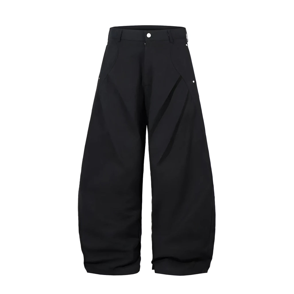 Black men's casual trousers with pleated machete design and wide-leg cut